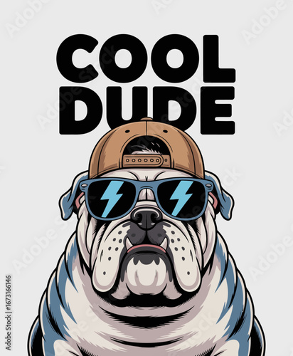 A fun and trendy illustration of a bulldog wearing sunglasses and a cap, showcasing a laid-back and cool attitude that appeals to dog lovers and fashion enthusiasts.