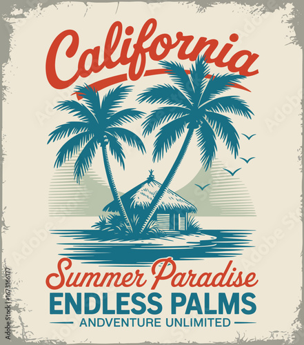 A vibrant vintage-style illustration showcasing California’s tropical beauty, featuring palm trees, an island hut, and a beach scene perfectly encapsulating summer vibes.