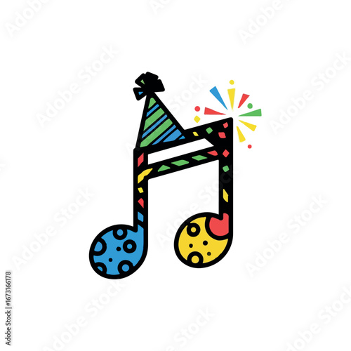 Cheerful and decorated musical note with a party hat and fireworks, a symbol of a happy celebration and party music