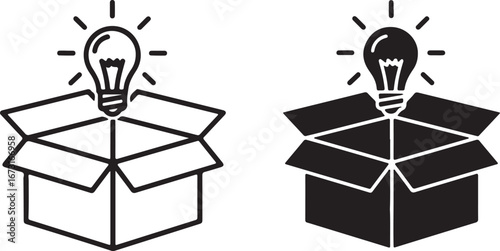 Vector icon: Lightbulb idea in open box, symbol of innovation, isolated background, creative sign.