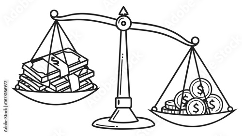 Financial balance scale with equal banknotes and coins. Hand-drawn money value concept illustration for investment and wealth.