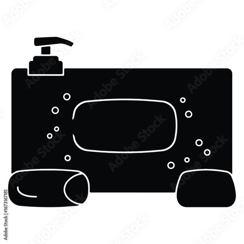 Sanitary hygiene soap dispenser with bubbles for hand washing in a simple flat icon design to promote health and cleanliness
