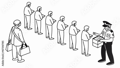 Line art illustration of people queuing at a security or customs checkpoint with an official, depicting border control process.