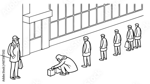 Urban street scene illustration: people queuing in line with one person crouched, black and white line art