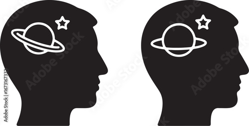 universal thinking, creative exchange, or visionary dialogue Vector Icon: Two Head Silhouettes with Planet and Star Symbol, Isolated Background, Minimalist Style