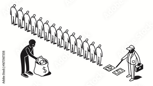 People queuing for choices in a transactional system with financial exchange and guidance
