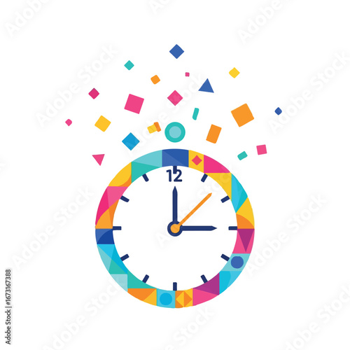 A vibrant and colorful clock with a geometric mosaic pattern and exploding confetti, symbolizing a festive occasion or party time