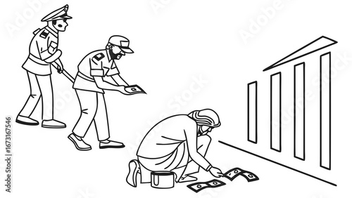 Corruption Concept: Uniformed Individuals Interacting with Street Vendor Over Money, Illustrating Bribery or Extortion