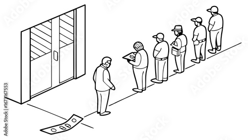 People queuing for service or application outside building, interacting with clerk and clipboard