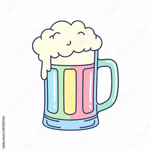 Cheerful cartoon rainbow beer mug with frothy white foam featuring pastel colored panels and a friendly face.