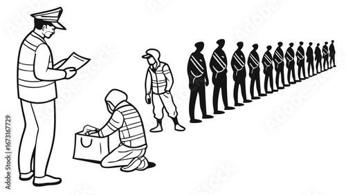 Security checkpoint line illustration with officer inspecting bags and people waiting for processing. Border control and immigration concept.