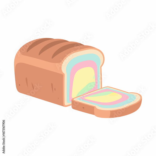 Colorful Rainbow Bread Loaf with Slice Pastel Layers Baked Good.