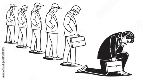 Businessman in despair kneels before a line of waiting people, symbolizing unemployment, job loss, and economic crisis