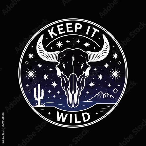 A captivating visual of a bull skull and cacti under a starry sky, infusing the wild spirit of the desert with artistic creativity and nature's allure.