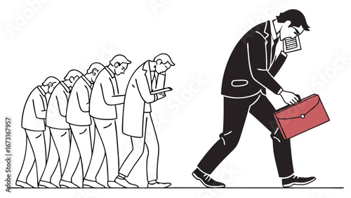 Business leader walks purposefully, talking on phone, while a line of people follow, engrossed in their smartphones. Digital distraction.