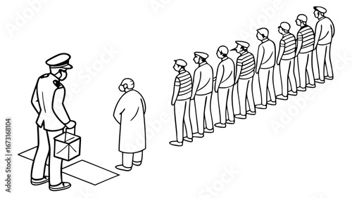 People in face masks queuing at a checkpoint with an official, illustrating health screening, security procedures, and social distancing