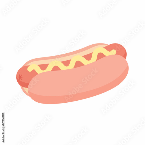 Delicious Cartoon Hot Dog with Mustard on a Soft Pink Bun Isolated.