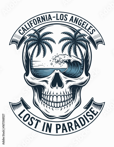 An artful portrayal of a skull that holds palm trees and waves within, symbolizing the thrilling spirit and picturesque landscapes of California beach life.