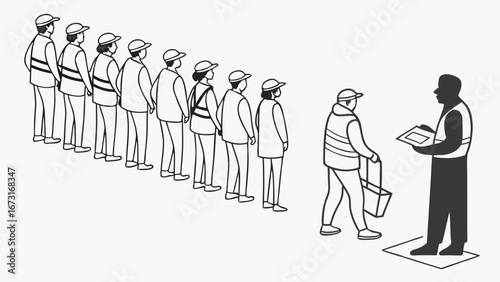 Workforce briefing illustration: Team of workers in vests and caps queuing for instructions from a supervisor with a clipboard.