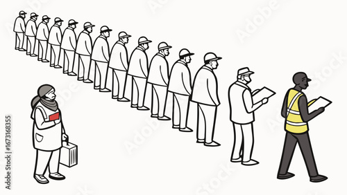 Conceptual illustration of a diverse group in a line, one individual stands out, supervised by a leader with papers.