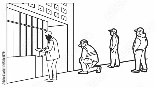 People queuing for aid distribution from a building window
