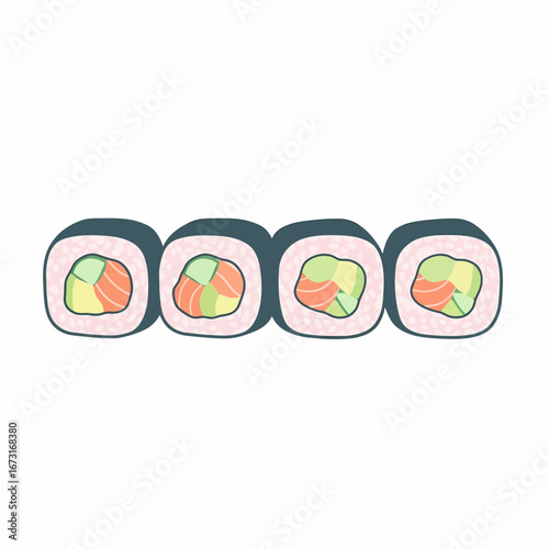 Four Sushi Rolls with Salmon and Avocado Filling Wrapped in Dark Nori.