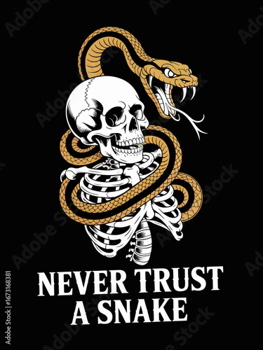 This captivating artwork features a skeleton with a snake, delivering a striking message about trust and warning against deceitful appearances in a dramatic composition.