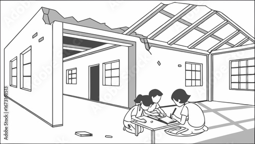 Children studying in damaged building, illustrating education in adversity and resilience