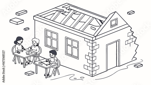 Isometric line art: Family eating in a damaged, dilapidated house, symbolizing poverty, social issues, and hardship.
