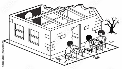 Children studying in a dilapidated, roofless building, symbolizing education amidst poverty, disaster, or crisis. Resilience concept.