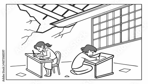 Students studying in a damaged classroom, symbolizing resilience and perseverance. Education amidst adversity, post-disaster learning.