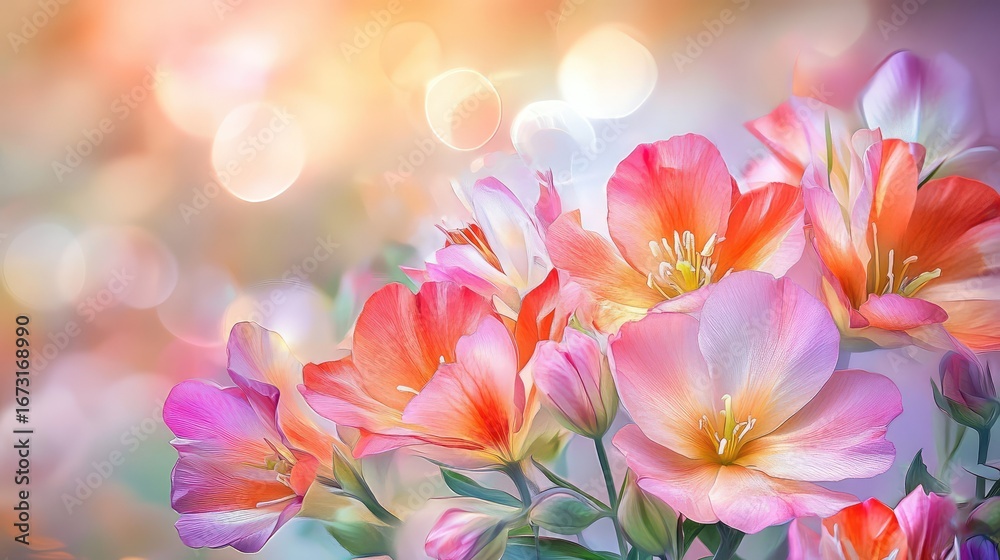 Fototapeta premium Dreamlike image of bright blossoms, petals in sharp detail against a blurred natural backdrop