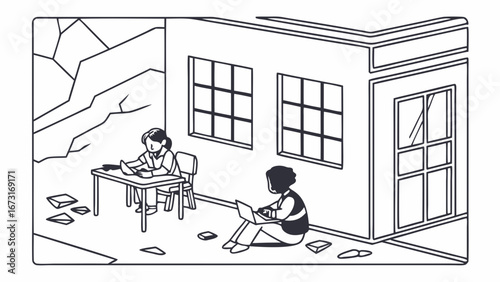 Two people working in a simple room, one at desk with papers, one on floor with laptop. Remote work, focused individuals, line art.