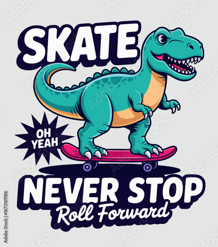A vibrant and catchy image of a T-Rex skateboarding, blending retro and modern elements that appeal to children and skateboarding enthusiasts alike.