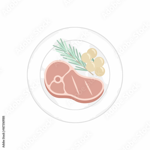 Simple Illustrated Steak Dish with Rosemary and Mushrooms on White Plate.