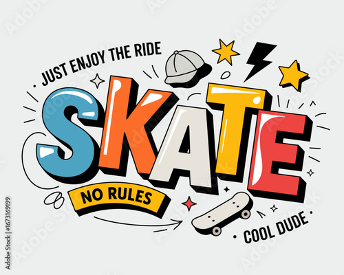 This artistic depiction of the word 'SKATE' is complemented by vibrant graphics and playful elements, portraying the cool and exciting world of skateboarding culture.