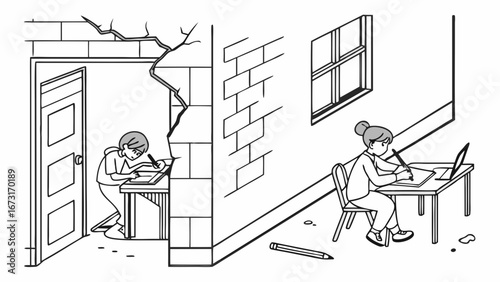 Educational contrast: Kids studying at home; boy in damaged room, girl with laptop. Highlighting access and challenges.