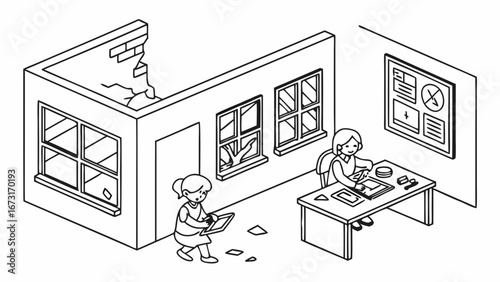 Isometric Line Art: People Working in Damaged Office. Digital devices, broken windows, cracked walls, resilience, remote work, crisis.
