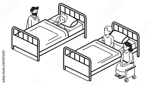 Patient Care and Visitation in Hospital Room Isometric Line Illustration