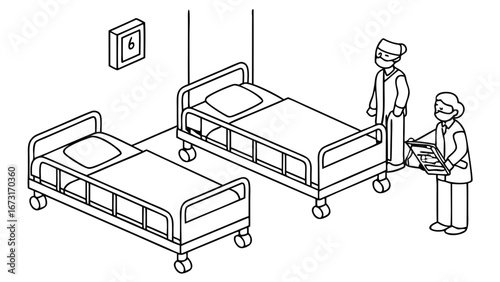 Medical Staff & Hospital Beds in Ward - Healthcare Isometric Line Art Illustration