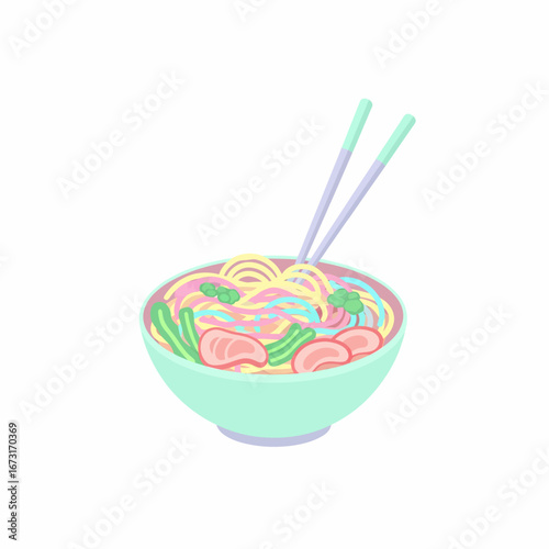 Cartoon Bowl of Noodles with Chopsticks featuring Meat and Green Vegetables.