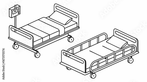 Isometric Line Art Illustration of Two Hospital Beds with Medical Monitor and IV Pole