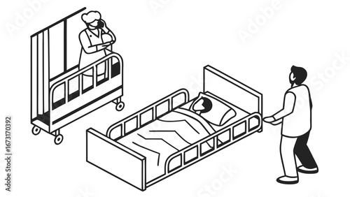 Medical Staff Caring for Patient in Hospital Bed with Privacy Screen - Isometric Line Art