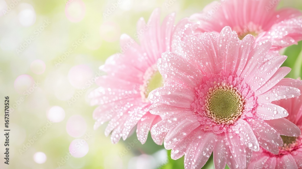 Fototapeta premium Macro image of pink flower petals dotted with fresh water droplets, blurred green background enhancing softness