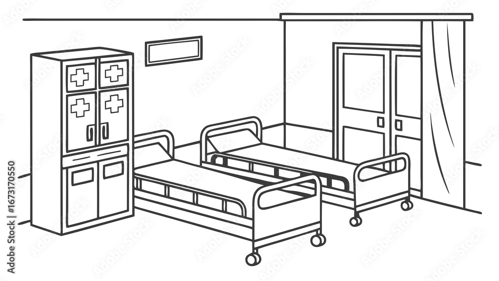 Fototapeta premium Black and White Illustration of Hospital Patient Room with Two Beds and Medical Cabinet