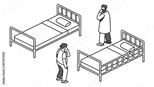Isometric hospital room illustration with medical staff, patient, and two beds, depicting healthcare and medical environment