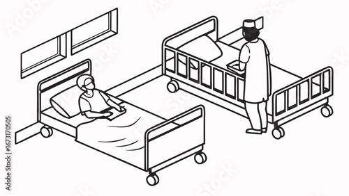Isometric Illustration of Nurse Caring for Patient in Hospital Room