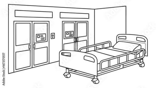 Hospital Room Interior with Bed and Doors - Medical Healthcare Line Art Illustration