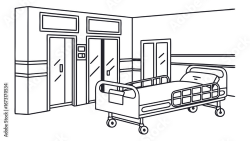 Hospital Room Interior with Medical Bed Line Art Illustration