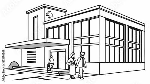 Modern Hospital Building Exterior with Healthcare Cross Symbol and Patients Line Art